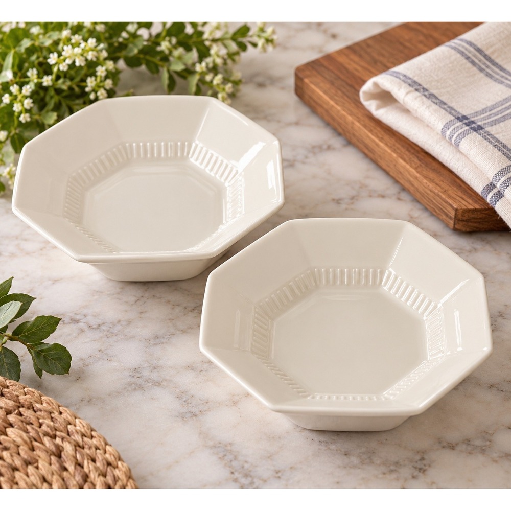 Made In Japan Nikko Classic Octagonal Bowls 2pc 6.5in White Ribbed